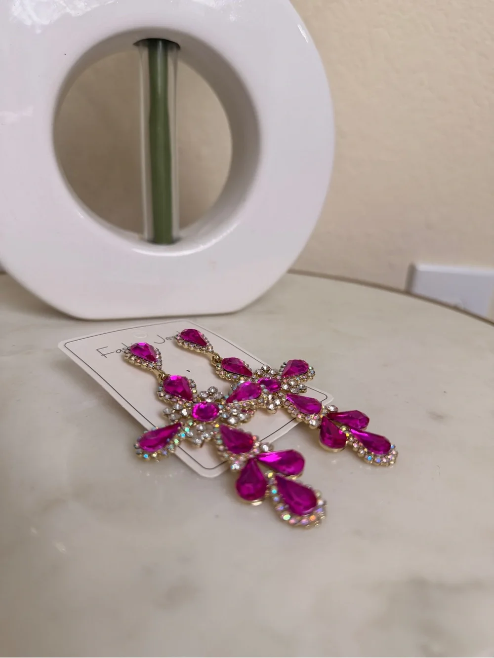 Fashion Jewelry Hot Pink Crystal Cross Drop Earrings